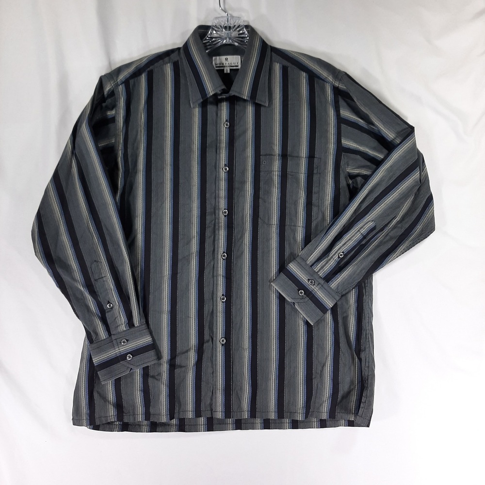 Montagut Paris Mens Vintage Y2K Striped Button Down Shirt Grey Blue Goth Cyber S